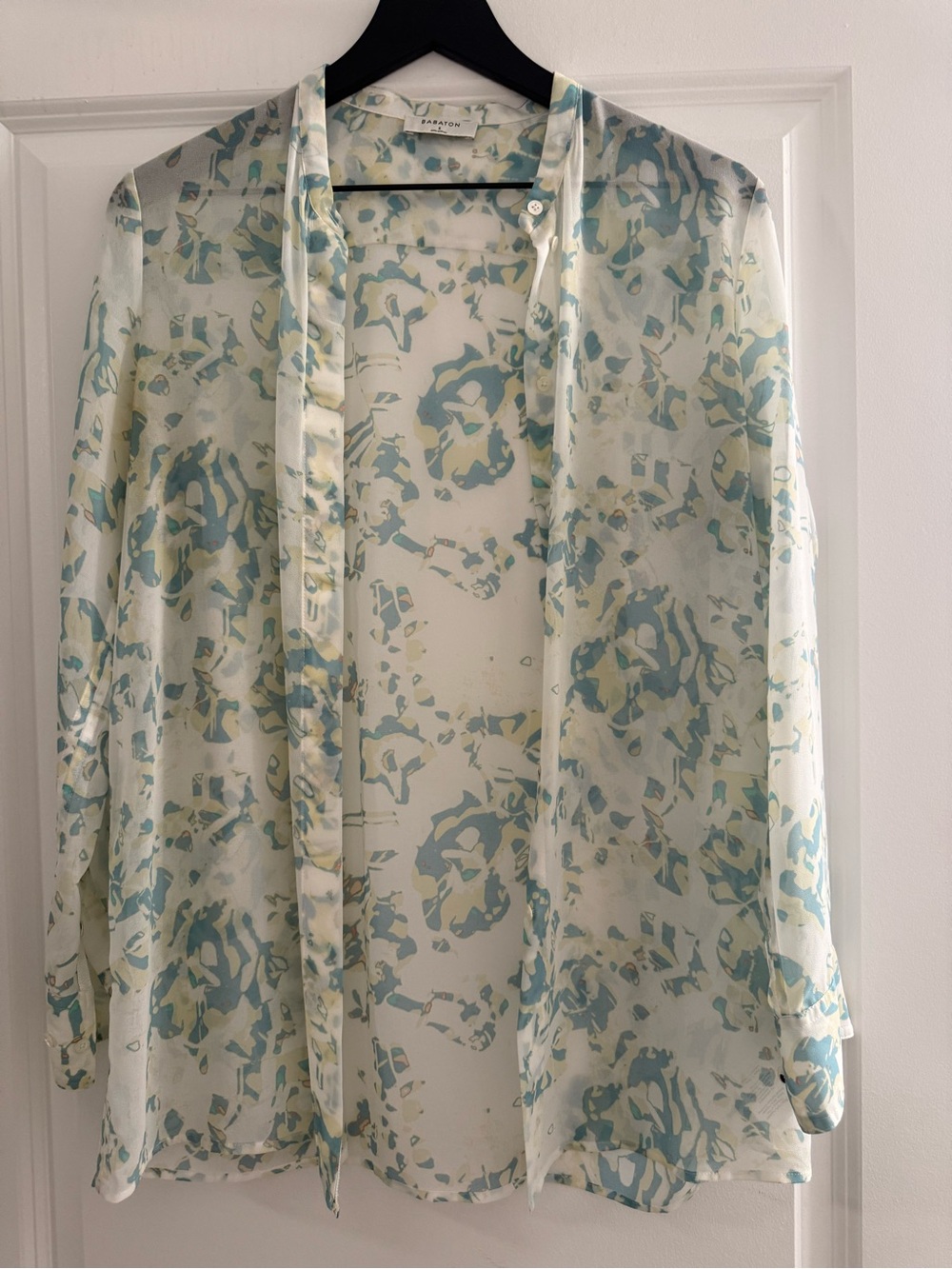 Babaton Sheer Abstract Floral Blouse in Pale Blue and Mint